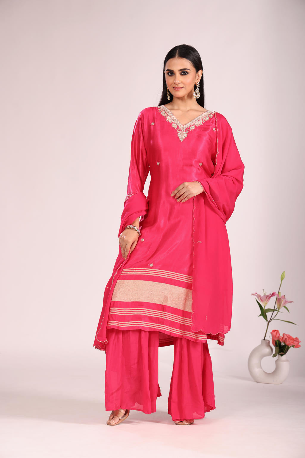 Chinnon Silk Kurti Set with Sharara & Dupatta – Hand Embroidery, 3 Pc