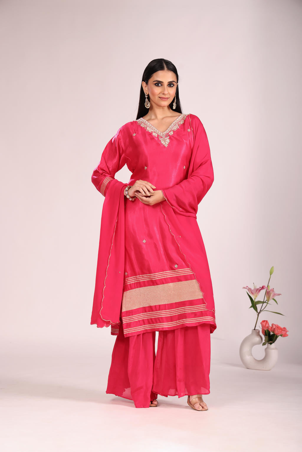 Chinnon Silk Kurti Set with Sharara & Dupatta – Hand Embroidery, 3 Pc