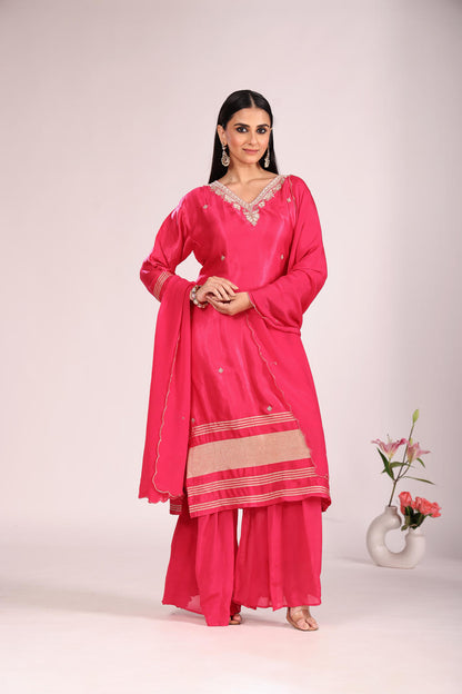 Chinnon Silk Kurti Set with Sharara & Dupatta – Hand Embroidery, 3 Pc