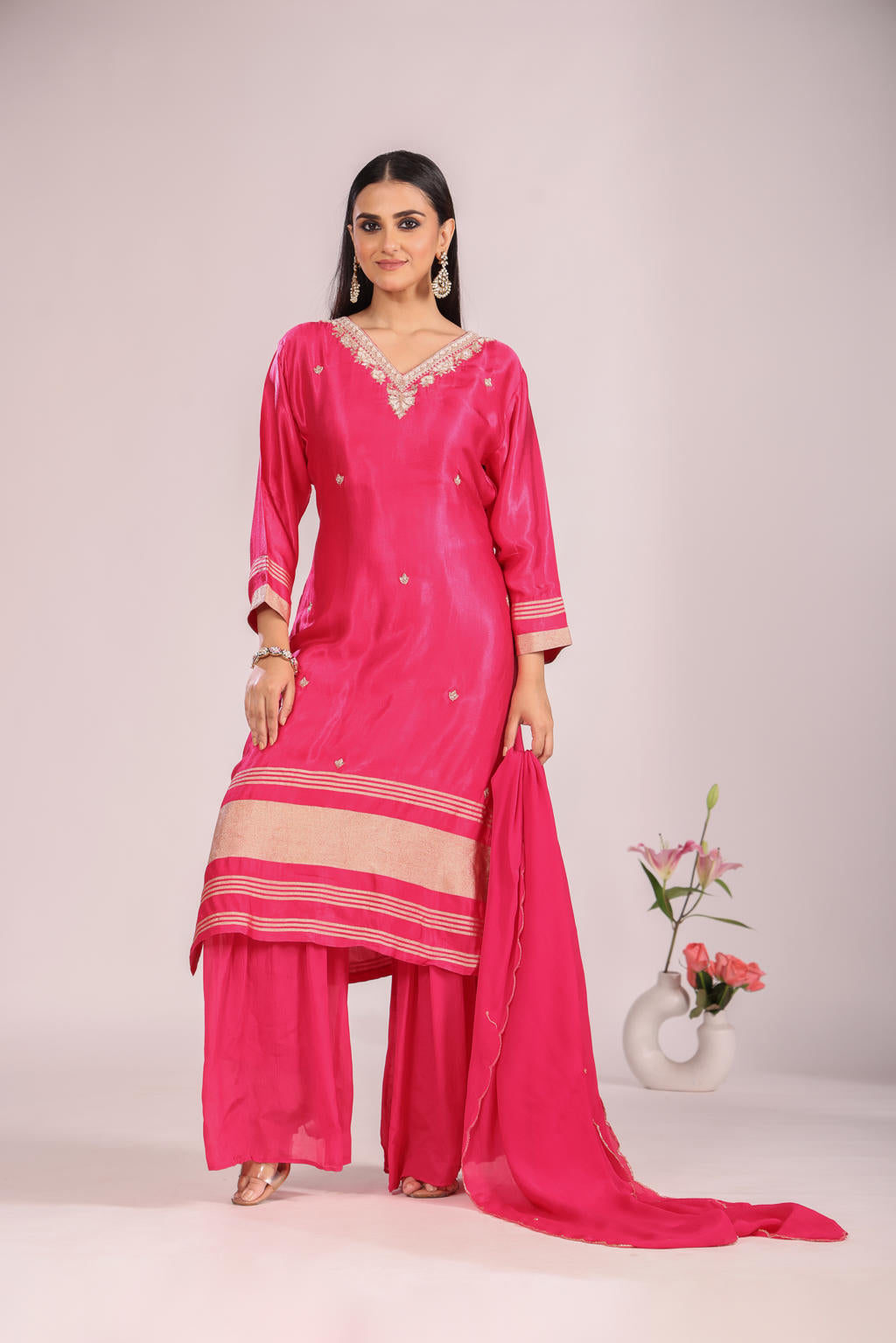Chinnon Silk Kurti Set with Sharara & Dupatta – Hand Embroidery, 3 Pc