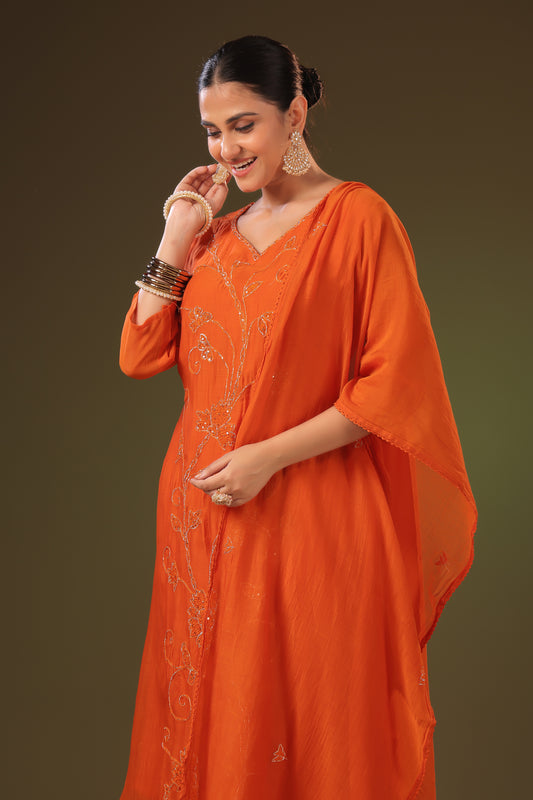 PF8839 - Orange , , Ethnic Clothing Festive Collection fresh Release Hand Embroidery Kurta Sets Lucknowi Silk Trending Collection