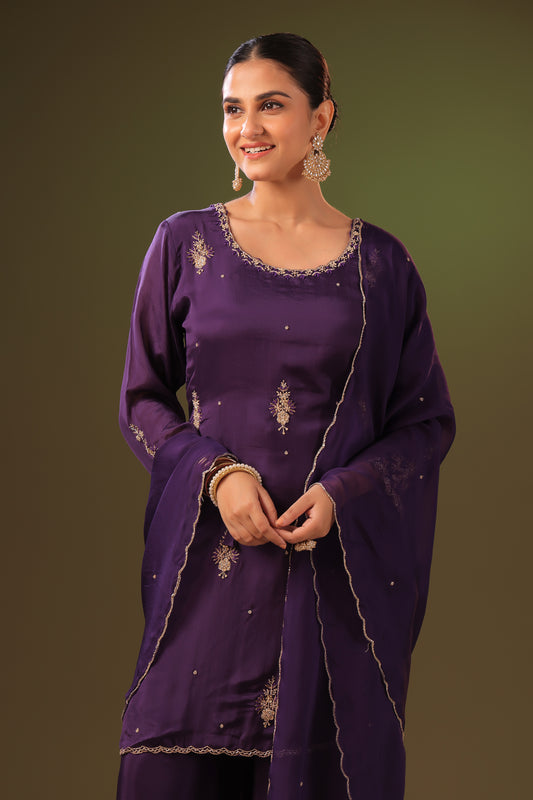 PF8862 - Purple , , Ethnic Clothing Festive Collection fresh Release Hand Embroidery Kurta Sets Shararas Silk Trending Collection