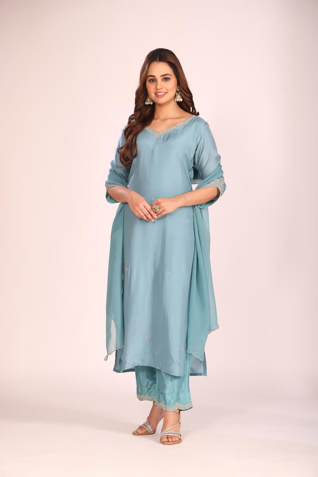 Firoza Organza Silk Kurti Set with Pant & Dupatta – Hand Embroidery, 3 Pc