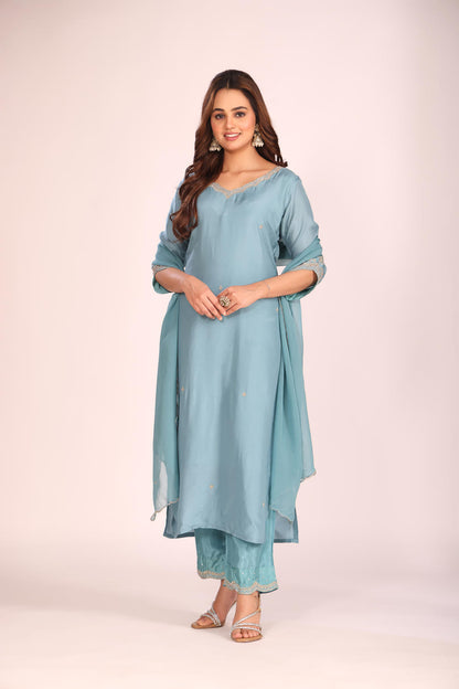 Firoza Organza Silk Kurti Set with Pant & Dupatta – Hand Embroidery, 3 Pc