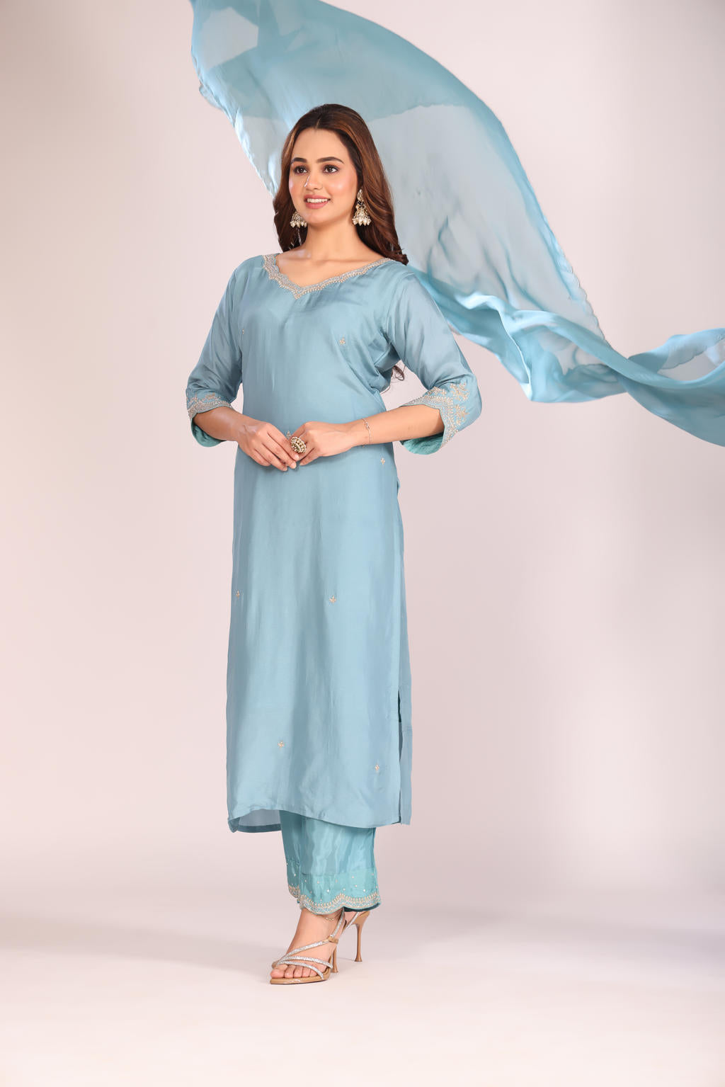 Firoza Organza Silk Kurti Set with Pant & Dupatta – Hand Embroidery, 3 Pc