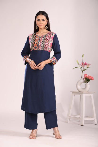 Navy Cotton Printed Cord Set – 2 Pc Kurti & Pant