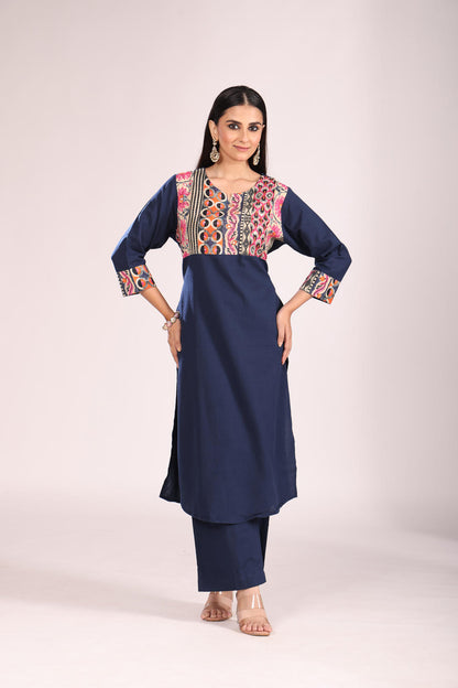 Navy Cotton Printed Cord Set – 2 Pc Kurti & Pant
