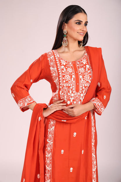 Rust Mal Chandheri A-Line Kurti – Hand Embroidery, Contemporary Ethnic Wear