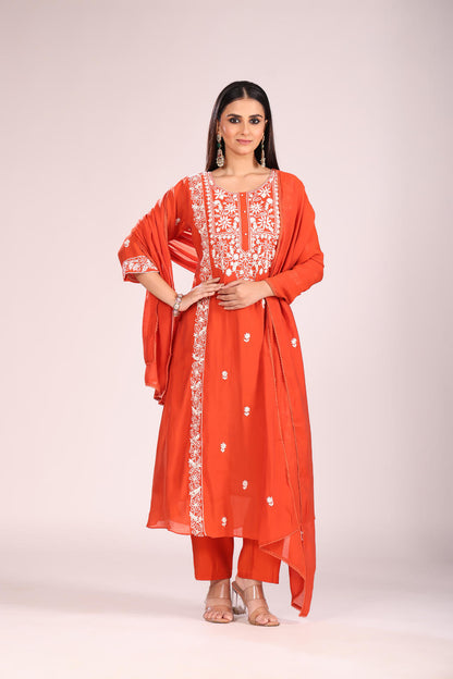 Rust Mal Chandheri A-Line Kurti – Hand Embroidery, Contemporary Ethnic Wear