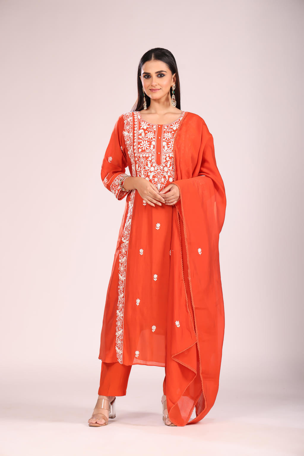 Rust Mal Chandheri A-Line Kurti – Hand Embroidery, Contemporary Ethnic Wear