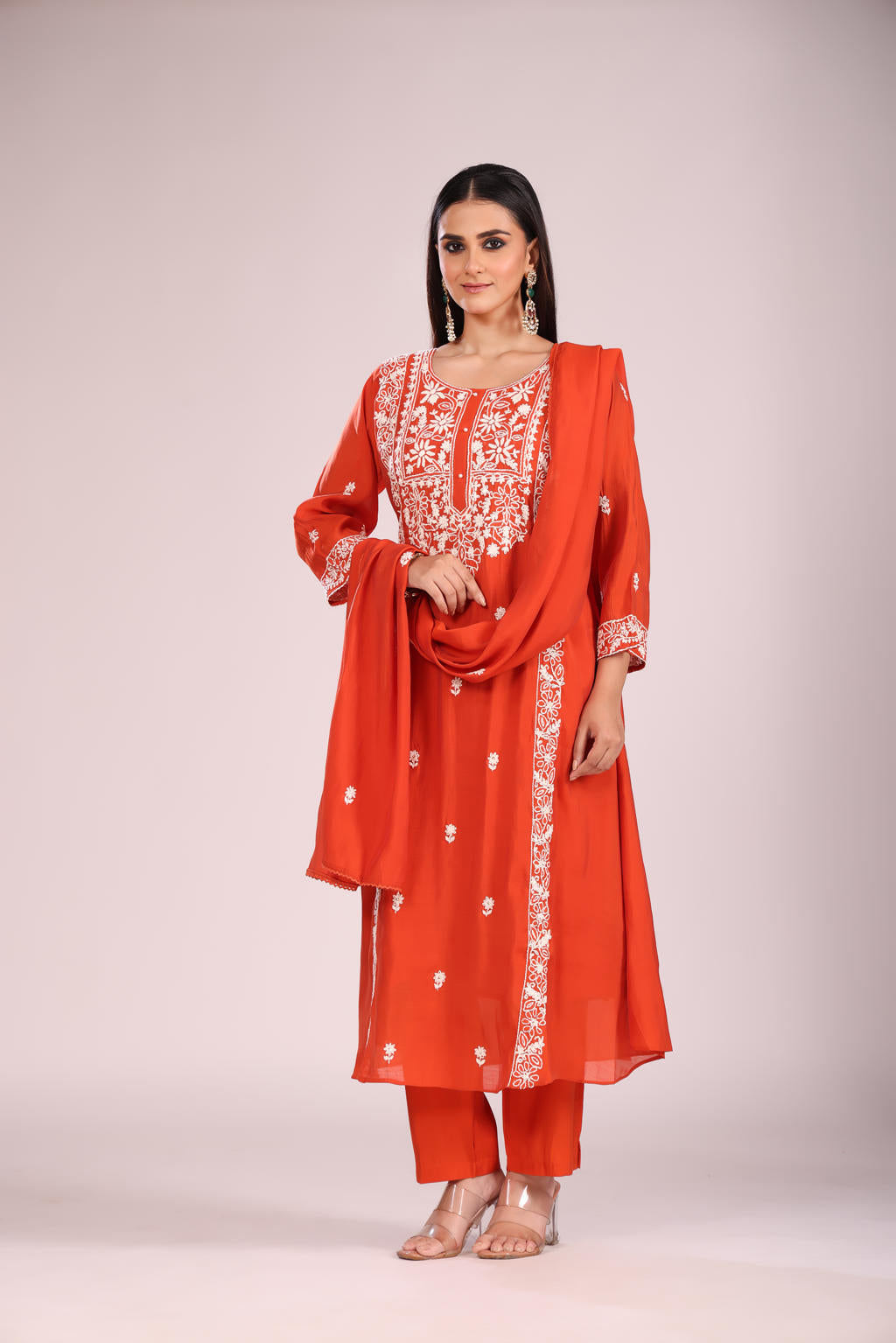 Rust Mal Chandheri A-Line Kurti – Hand Embroidery, Contemporary Ethnic Wear