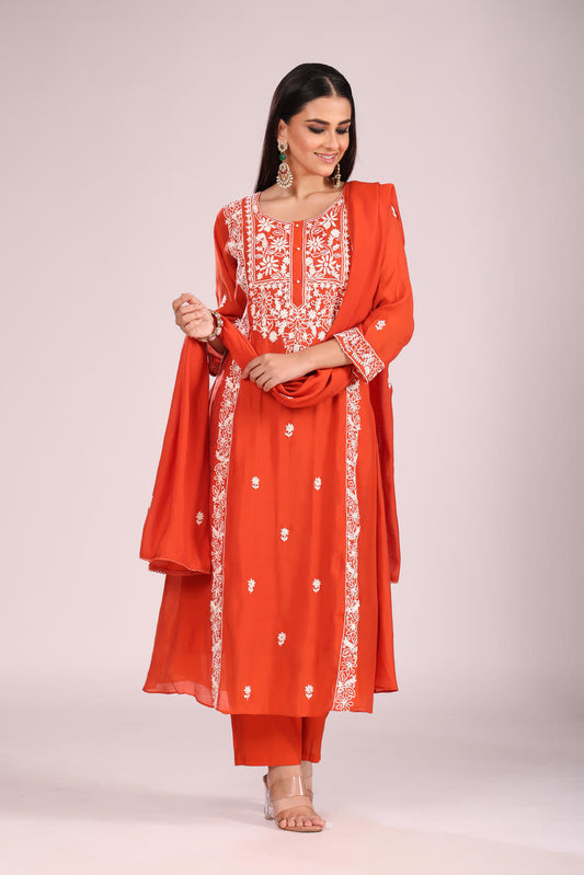 Rust Mal Chandheri A-Line Kurti – Hand Embroidery, Contemporary Ethnic Wear
