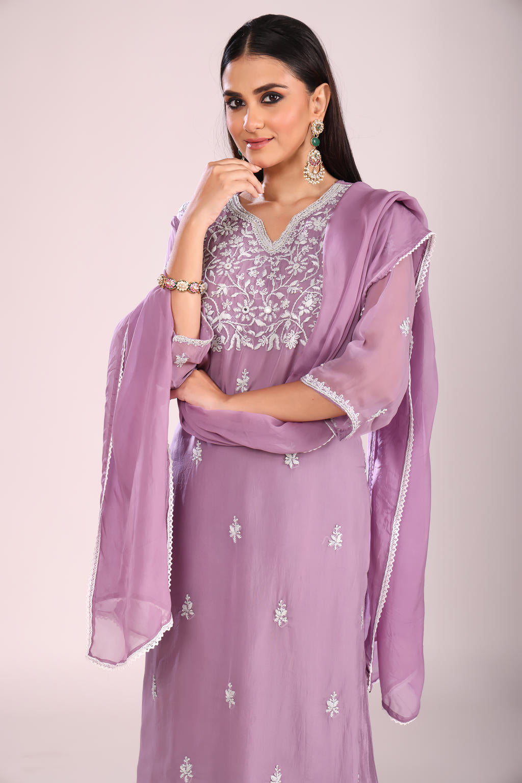Mauve Organza Silk Kurti Set with Pant & Dupatta – Hand Embroidery, 3 Pc