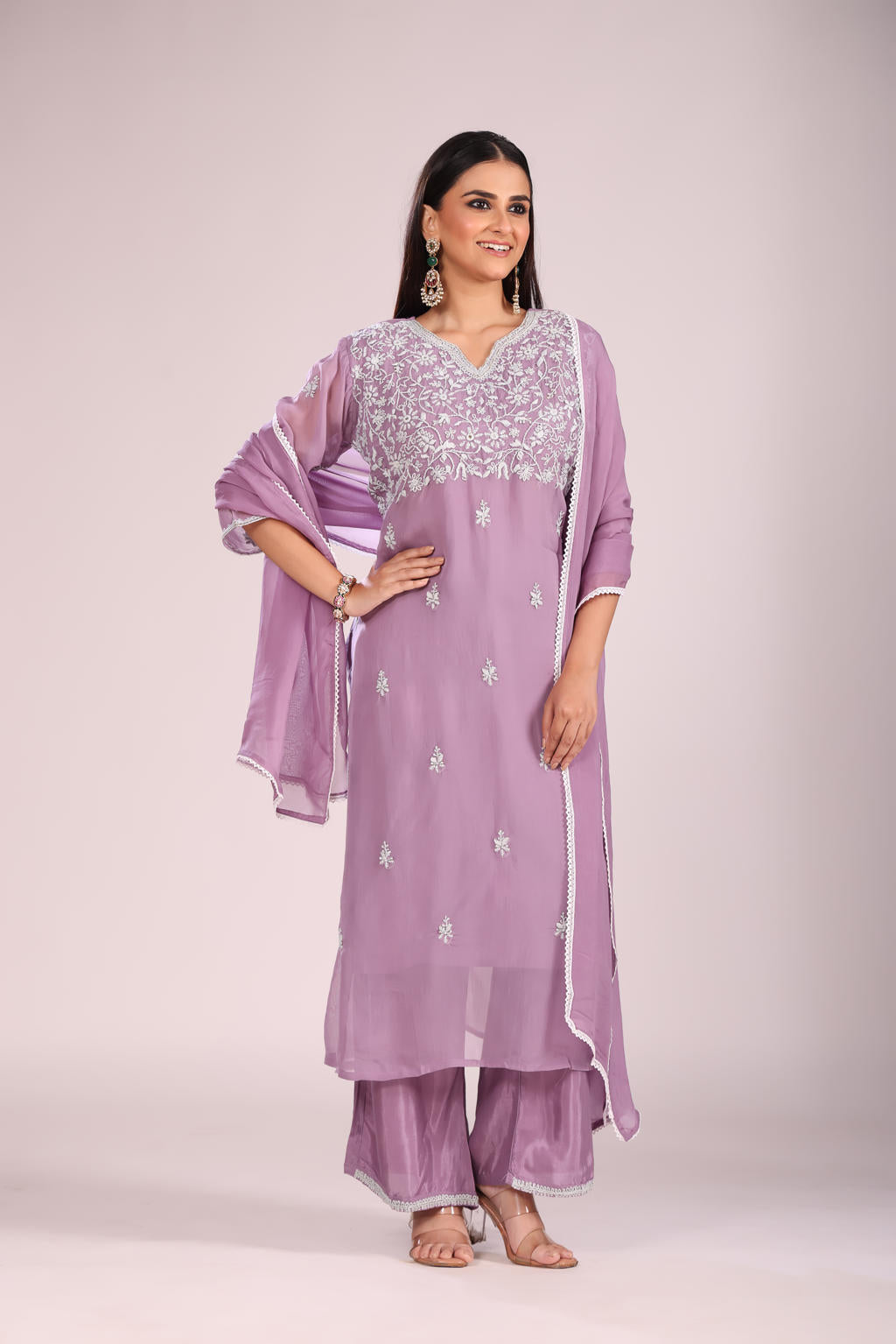 Mauve Organza Silk Kurti Set with Pant & Dupatta – Hand Embroidery, 3 Pc
