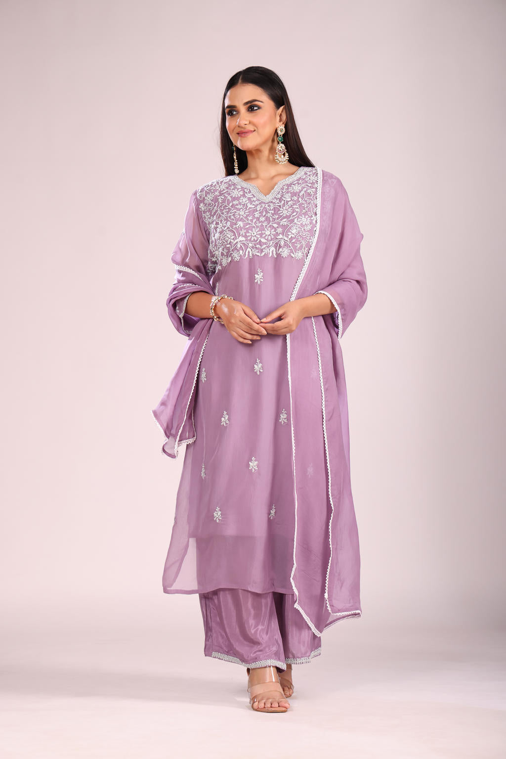 Mauve Organza Silk Kurti Set with Pant & Dupatta – Hand Embroidery, 3 Pc