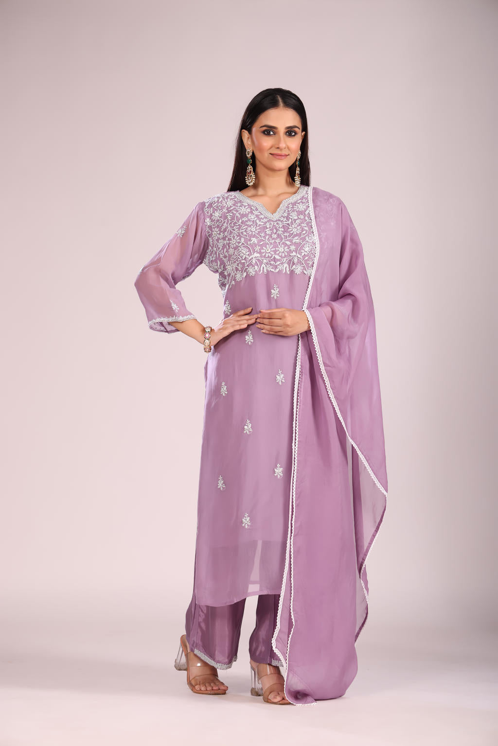 Mauve Organza Silk Kurti Set with Pant & Dupatta – Hand Embroidery, 3 Pc