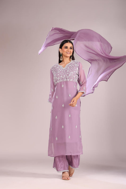 Mauve Organza Silk Kurti Set with Pant & Dupatta – Hand Embroidery, 3 Pc