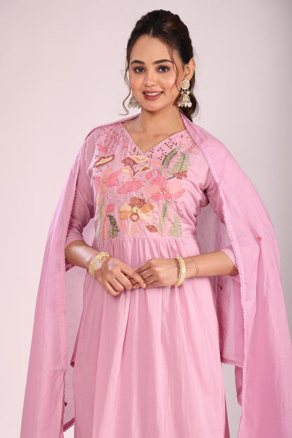 Lavender Cotton A-Line Kurti – Hand Embroidery, Anarkali Style