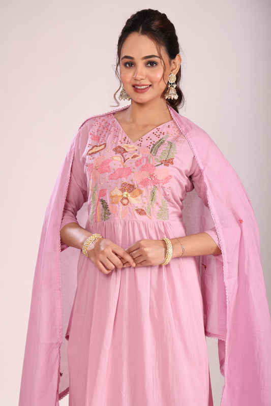 Lavender Cotton A-Line Kurti – Hand Embroidery, Anarkali Style