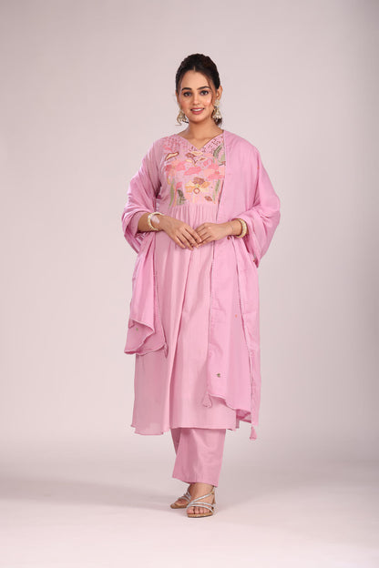 Lavender Cotton A-Line Kurti – Hand Embroidery, Anarkali Style