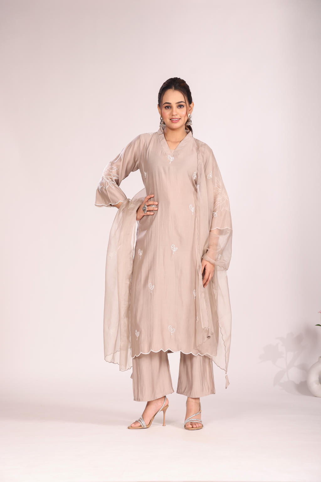 Organza Silk Kurti Set with Pant & Dupatta – Hand Embroidery, 3 Pc