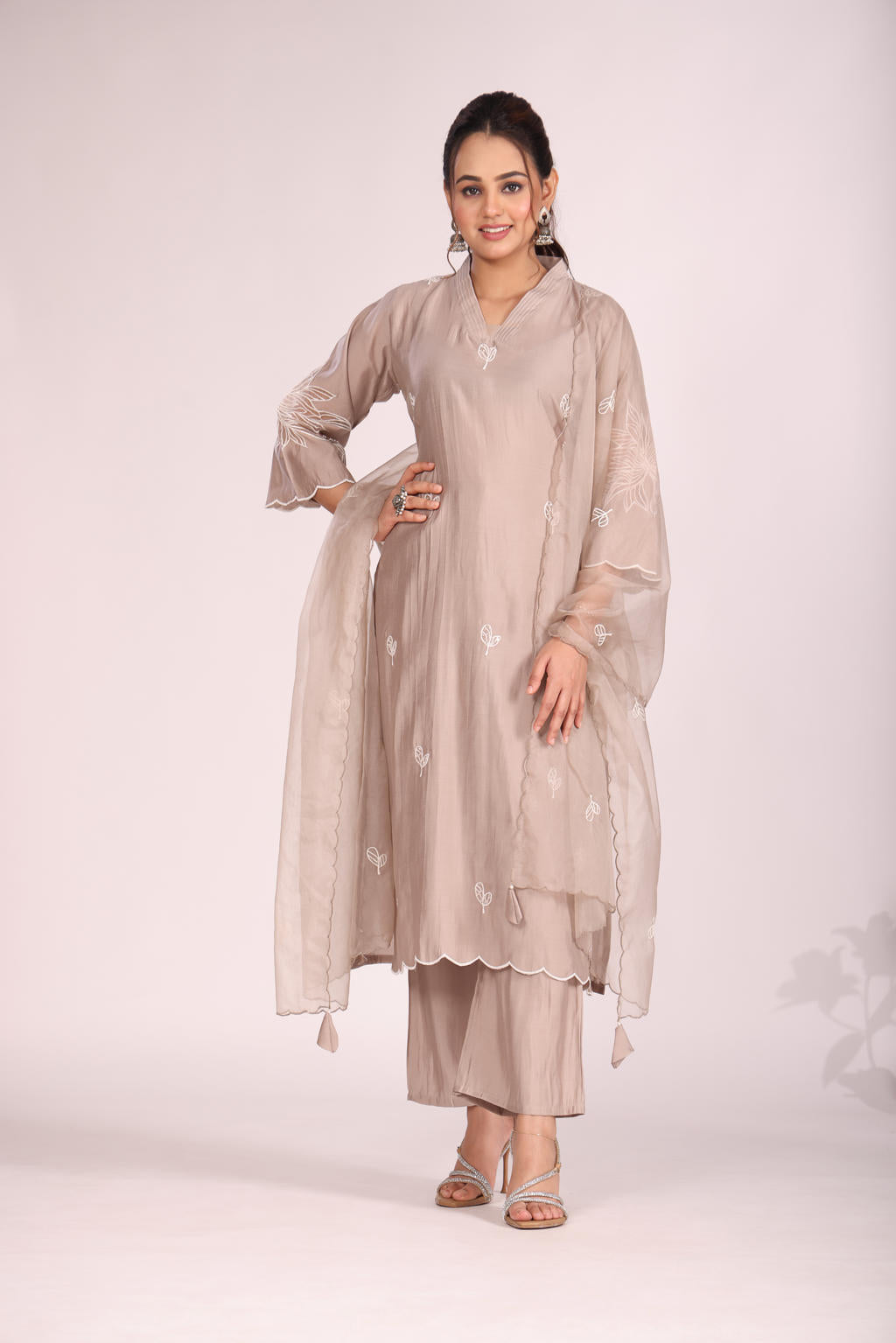 Organza Silk Kurti Set with Pant & Dupatta – Hand Embroidery, 3 Pc