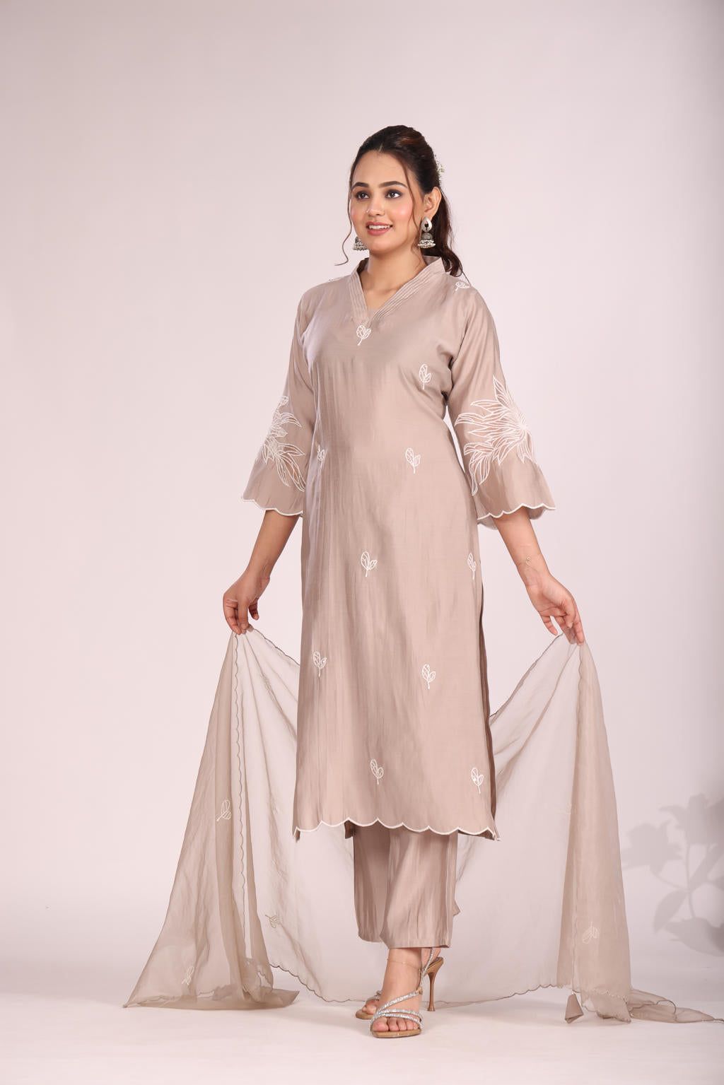 Organza Silk Kurti Set with Pant & Dupatta – Hand Embroidery, 3 Pc