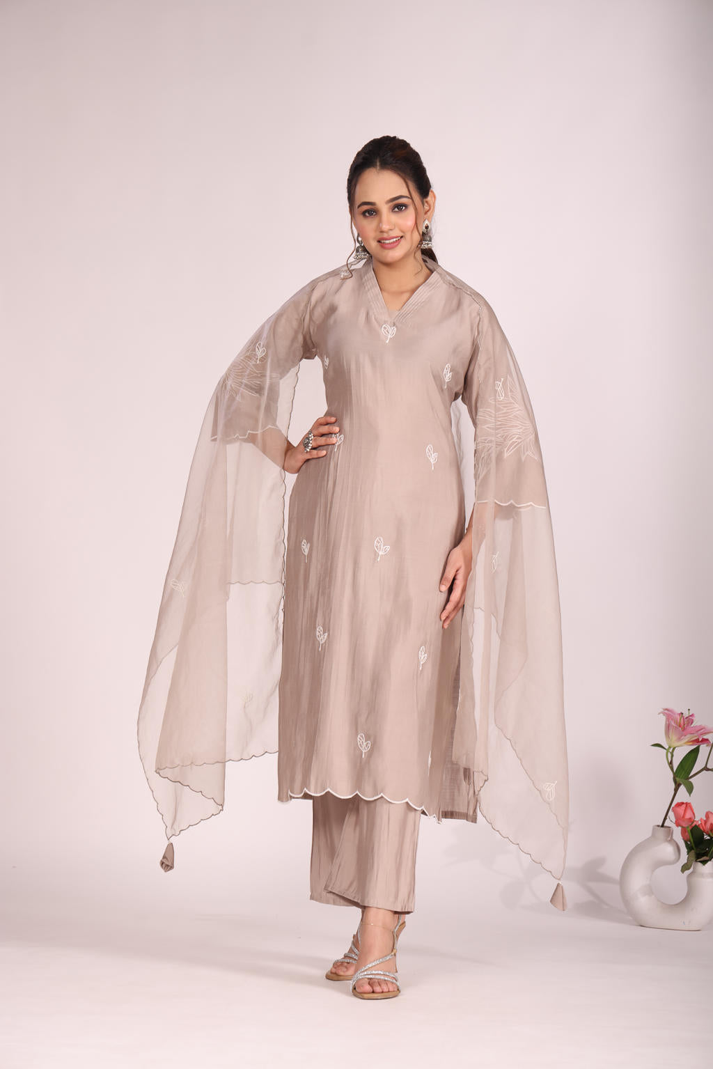 Organza Silk Kurti Set with Pant & Dupatta – Hand Embroidery, 3 Pc