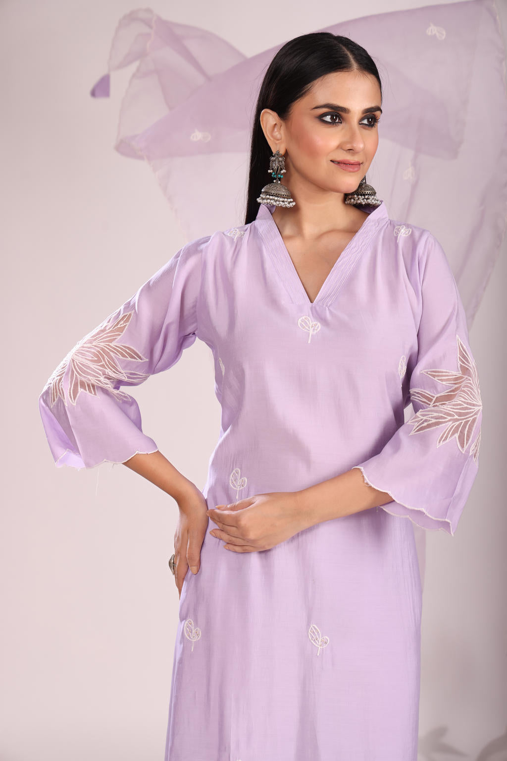 Organza Silk Kurti Set with Pant & Dupatta – Hand Embroidery, 3 Pc