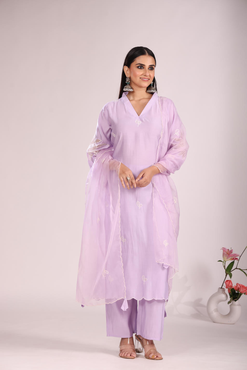 Organza Silk Kurti Set with Pant & Dupatta – Hand Embroidery, 3 Pc