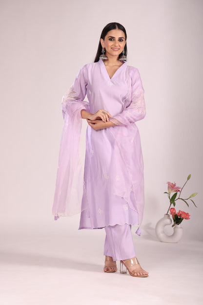 Organza Silk Kurti Set with Pant & Dupatta – Hand Embroidery, 3 Pc