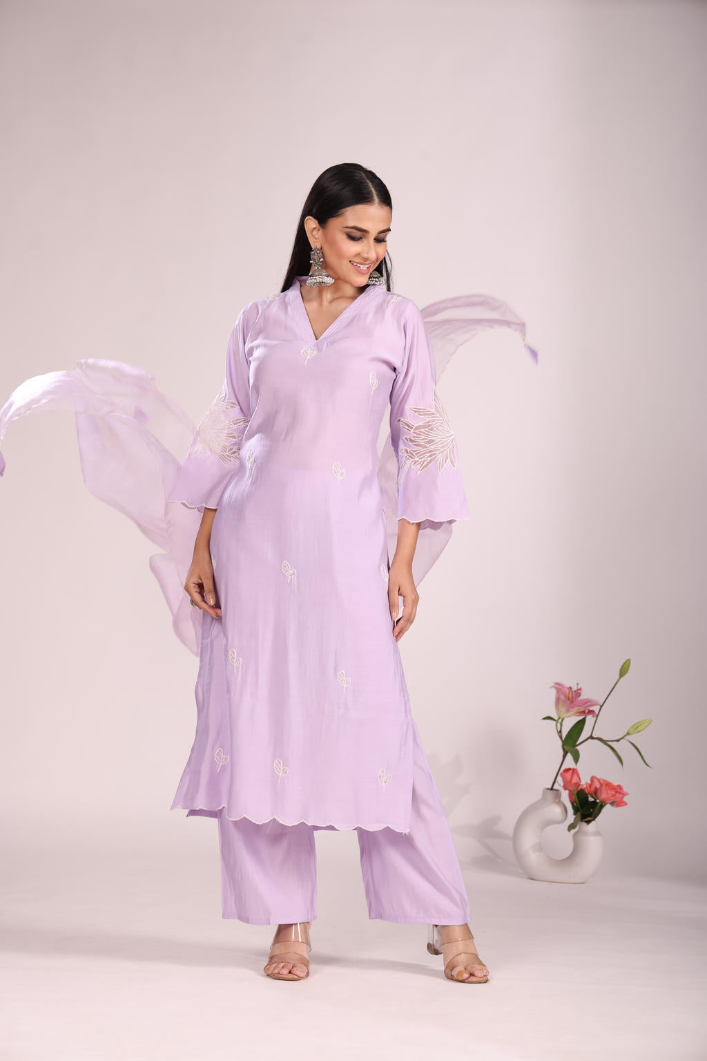 Organza Silk Kurti Set with Pant & Dupatta – Hand Embroidery, 3 Pc