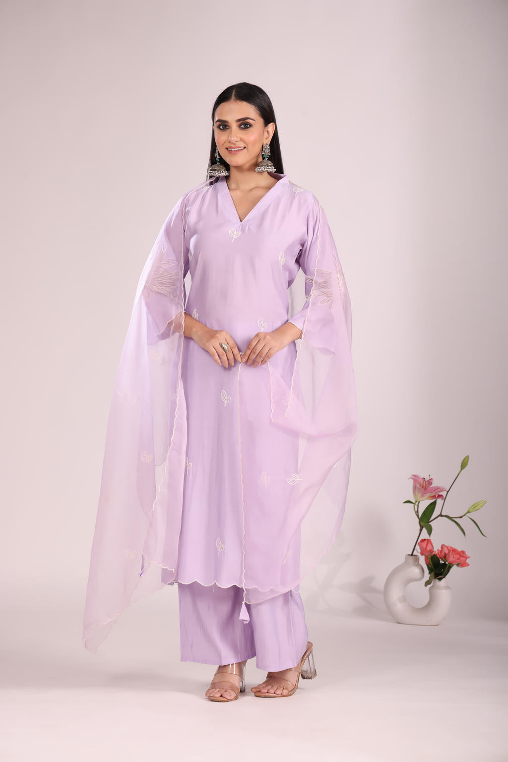Organza Silk Kurti Set with Pant & Dupatta – Hand Embroidery, 3 Pc