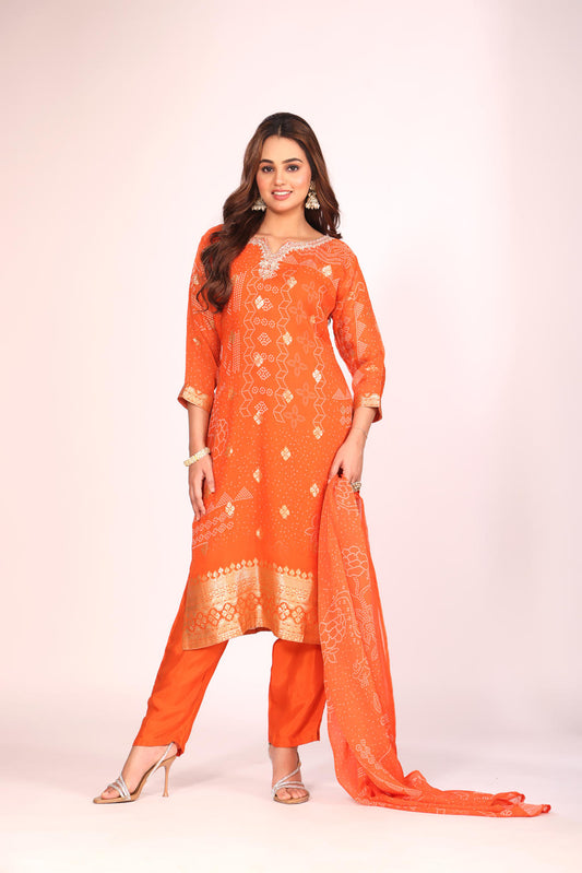Orange Organza Kurti Set with Pant & Dupatta – Printed, Hand Embroidery, 3 Pc