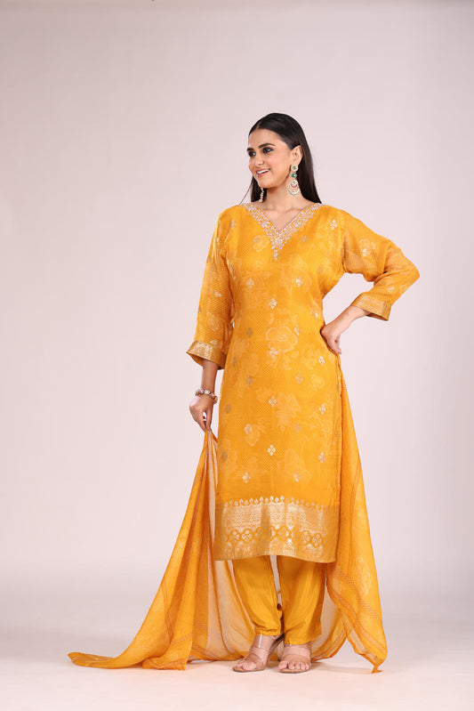 Mustard Organza Kurti Set with Pant & Dupatta – Printed, Hand Embroidery
