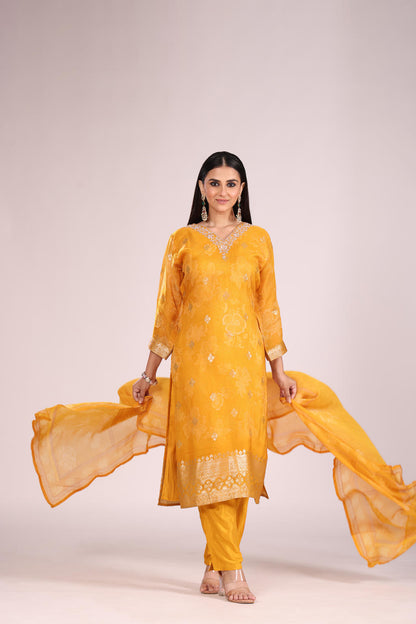 Mustard Organza Kurti Set with Pant & Dupatta – Printed, Hand Embroidery