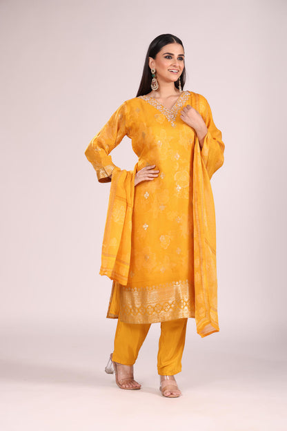 Mustard Organza Kurti Set with Pant & Dupatta – Printed, Hand Embroidery