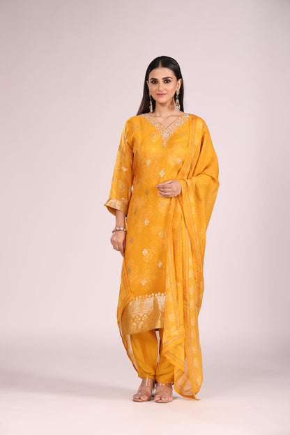 Mustard Organza Kurti Set with Pant & Dupatta – Printed, Hand Embroidery