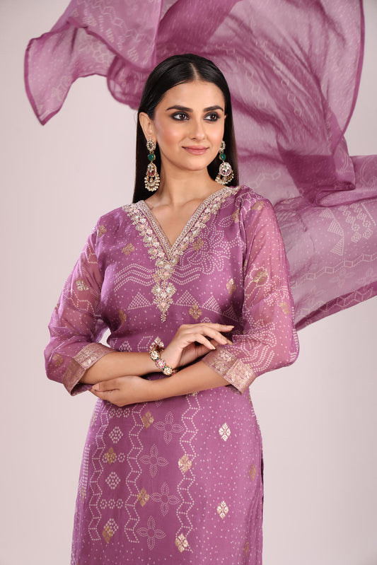 Mauve Organza Kurti Set with Pant & Dupatta – Printed, Hand Embroidery, 3 Pc