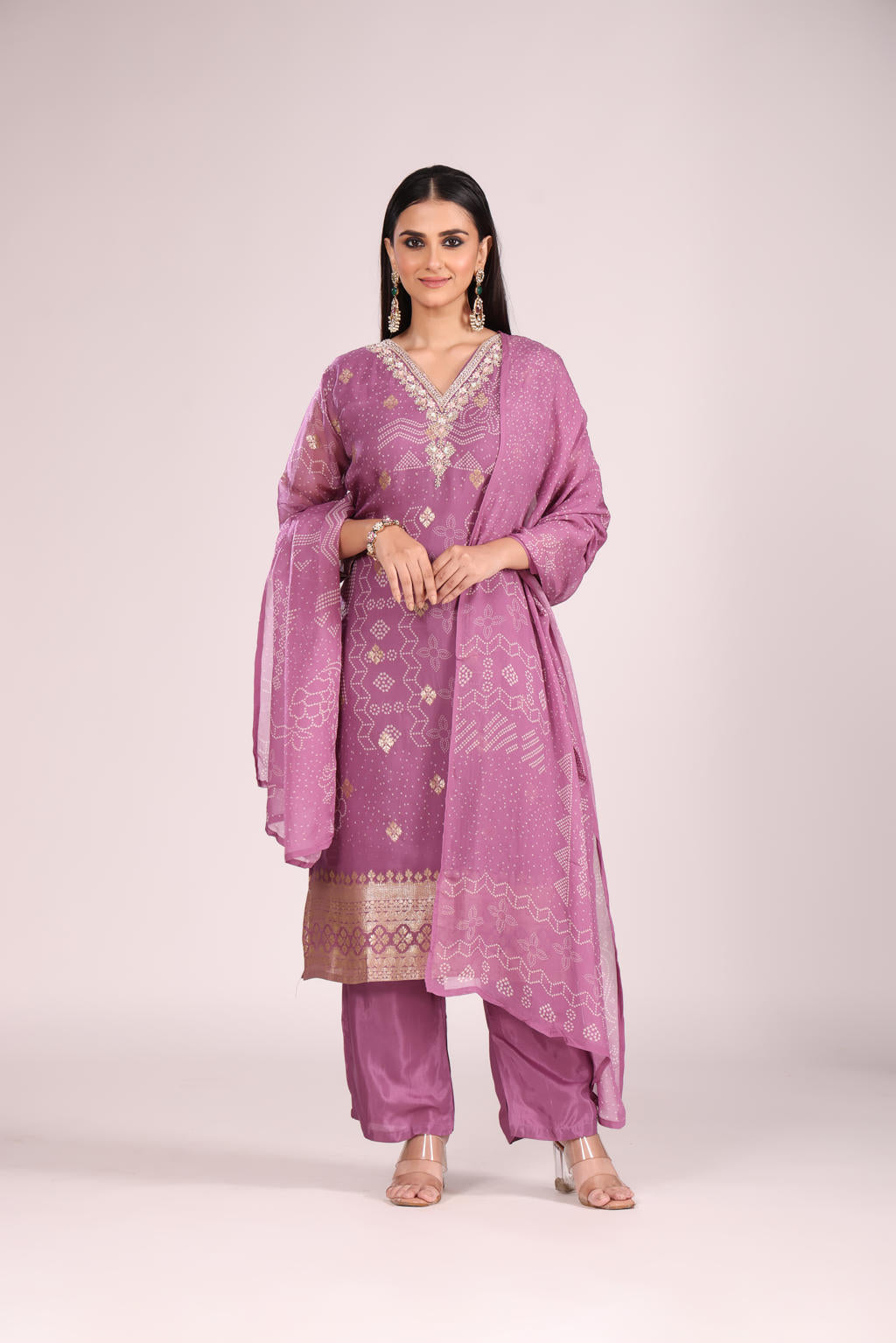 Mauve Organza Kurti Set with Pant & Dupatta – Printed, Hand Embroidery, 3 Pc