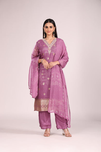 Mauve Organza Kurti Set with Pant & Dupatta – Printed, Hand Embroidery, 3 Pc