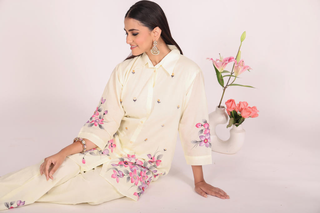 Off White Cotton Cord Set – 2 Pc Kurti with Pant, Printed & Hand Embroidery