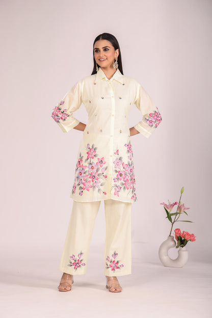 Off White Cotton Cord Set – 2 Pc Kurti with Pant, Printed & Hand Embroidery