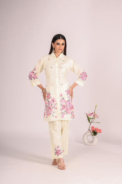 Off White Cotton Cord Set – 2 Pc Kurti with Pant, Printed & Hand Embroidery