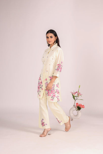 Off White Cotton Cord Set – 2 Pc Kurti with Pant, Printed & Hand Embroidery