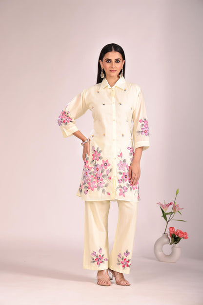 Off White Cotton Cord Set – 2 Pc Kurti with Pant, Printed & Hand Embroidery