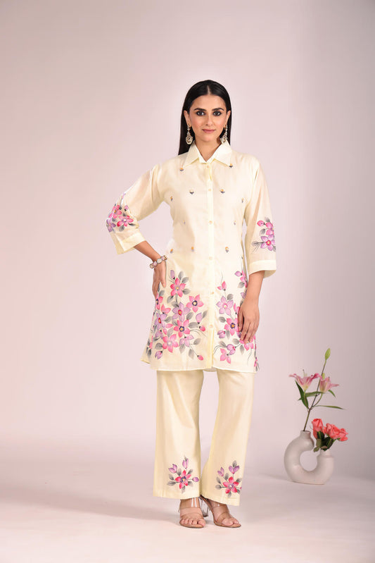 Off White Cotton Cord Set – 2 Pc Kurti with Pant, Printed & Hand Embroidery