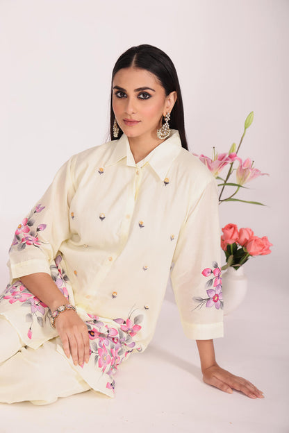 Off White Cotton Cord Set – 2 Pc Kurti with Pant, Printed & Hand Embroidery