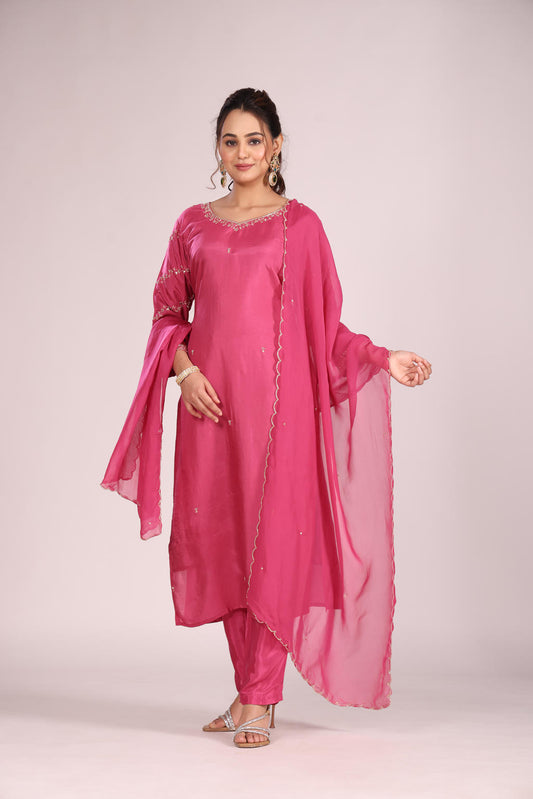 Magenta Organza Silk Kurti Set with Pant & Dupatta – Hand Embroidery, 3 Pc