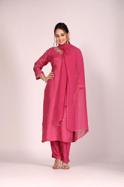 Magenta Organza Silk Kurti Set with Pant & Dupatta – Hand Embroidery, 3 Pc